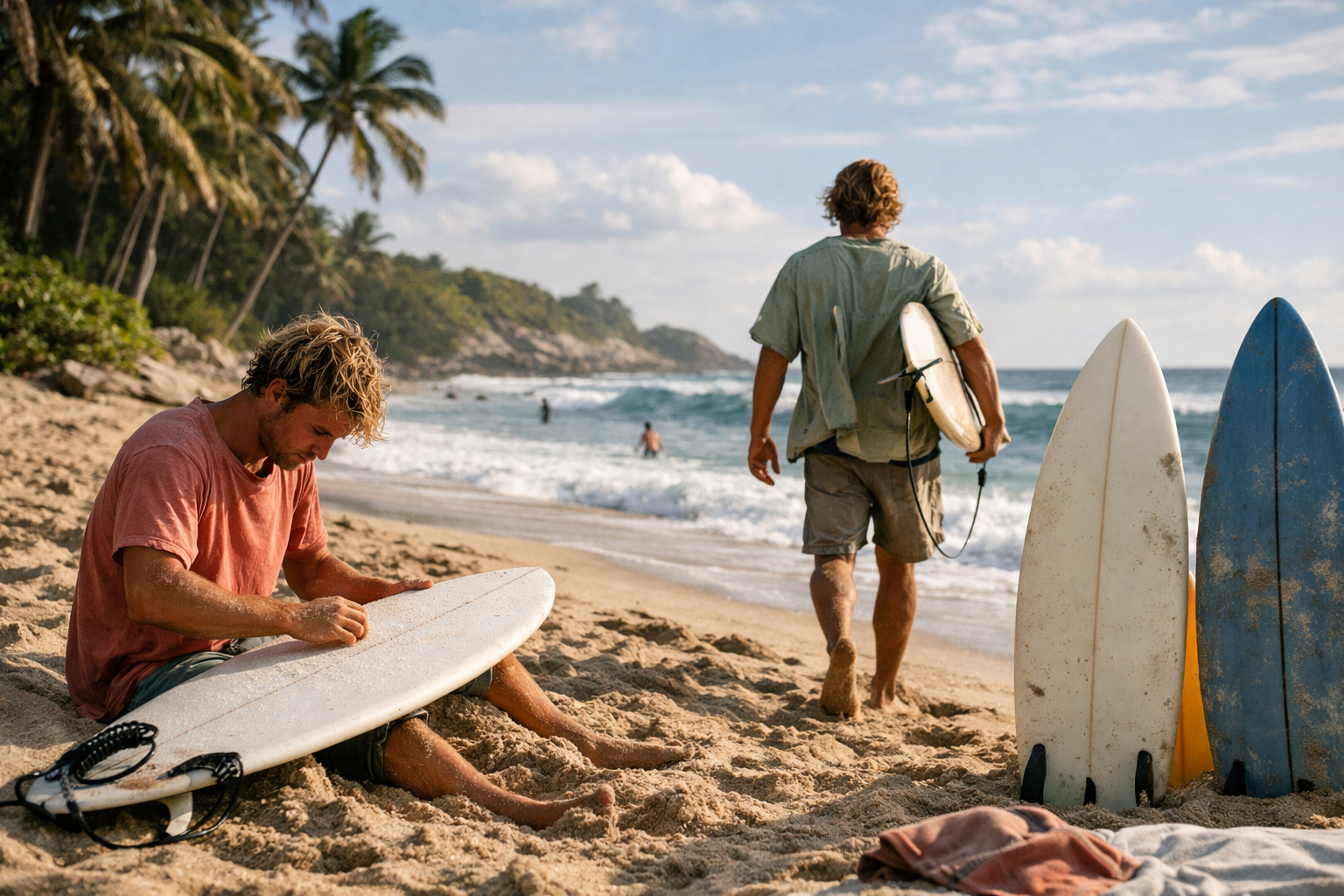 Surfers arriving at the beach