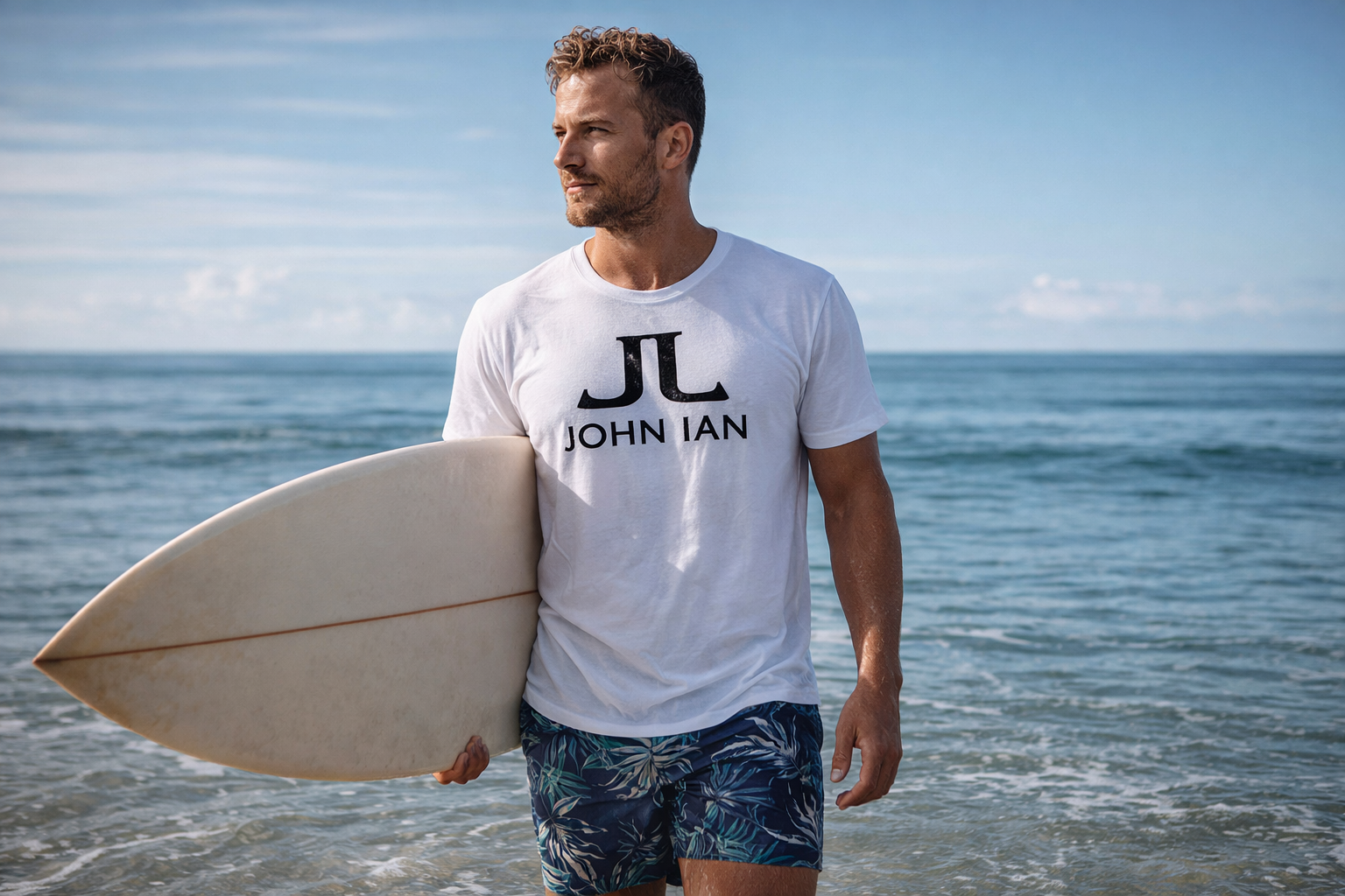 John Ian white t-shirt surfing