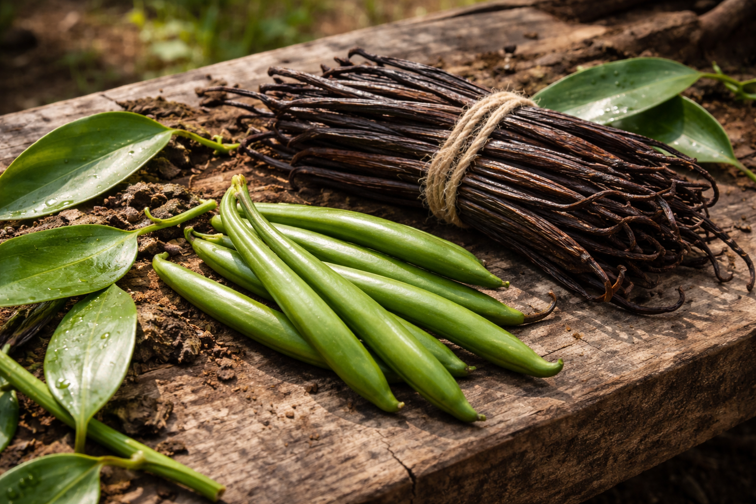 Botanical harvest detail in Madagascar, including vanilla pods and leaves