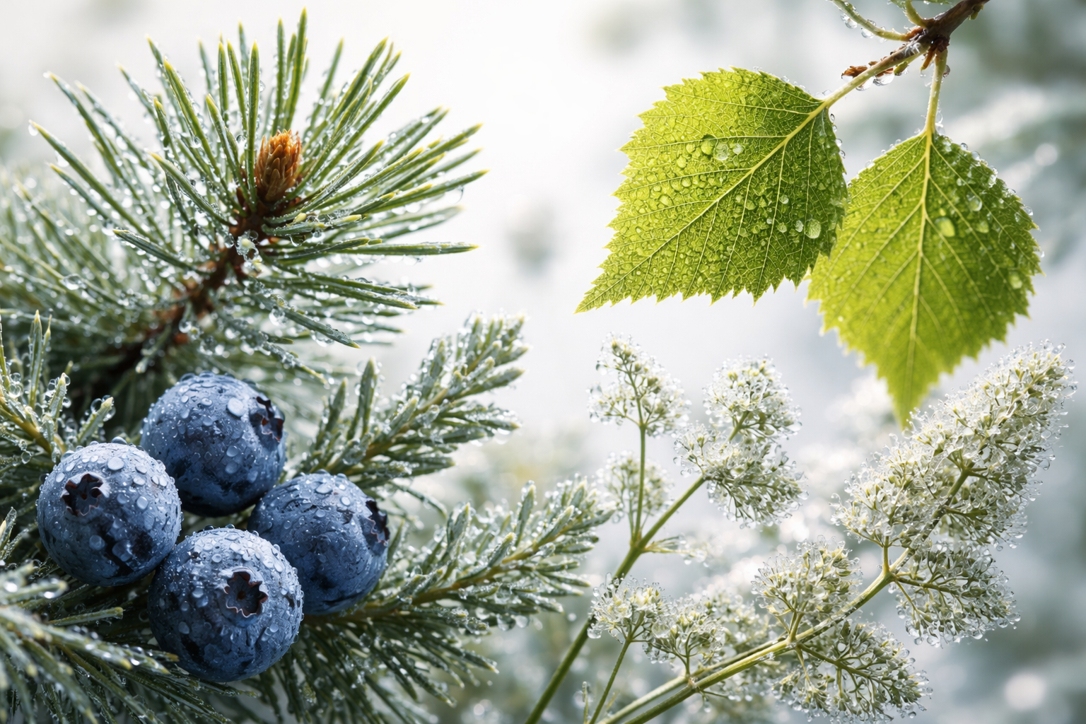 Nordic botanicals — pine, juniper, birch, Arctic herbs