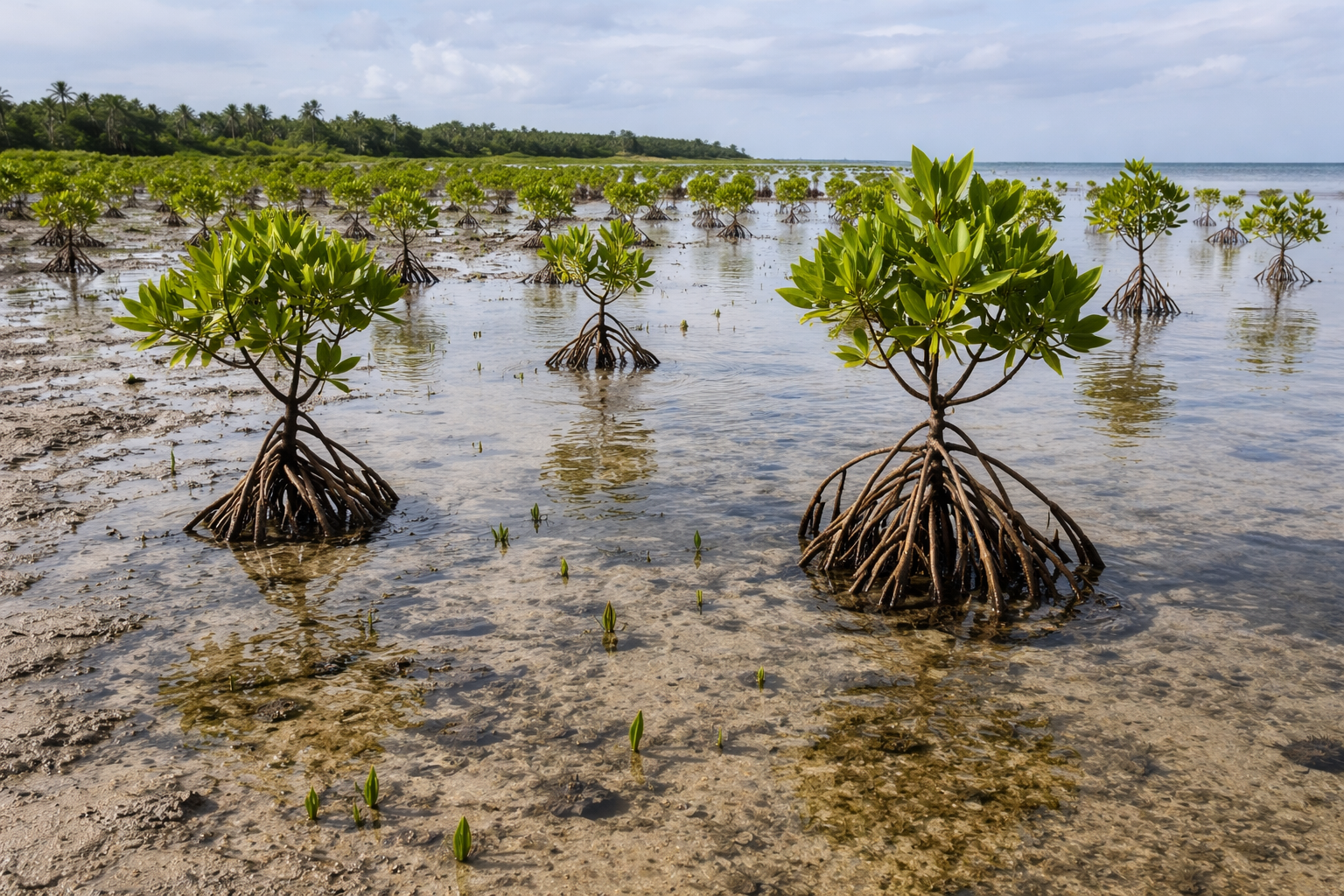 Mangrove restoration landscape in Zanzibar at low tide